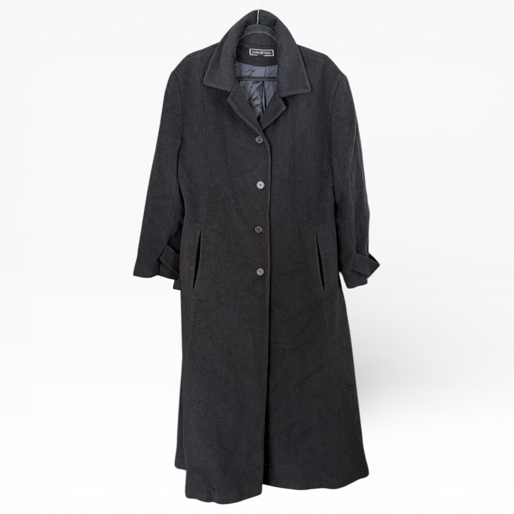 Halston Vintage Wool Cashmere Long Coat Trench Overcoat Black Designer‎ 12